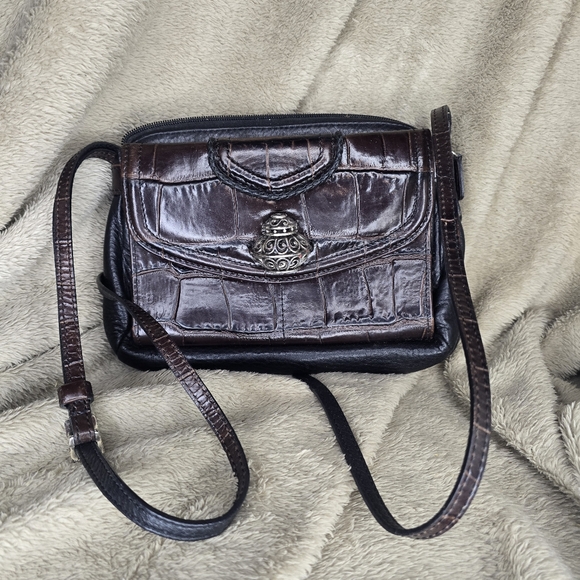 Vintage BRIGHTON Black Brown Flap Wallet ORGANIZER Crossbody BAG Purse - Picture 1 of 6